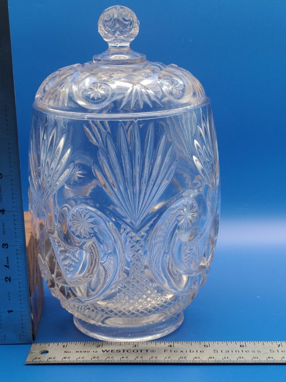 Antique EAPG Crystal Glass Crescent Fan Biscuit Jar Manganese Glow 9.5" - Picture 11 of 11